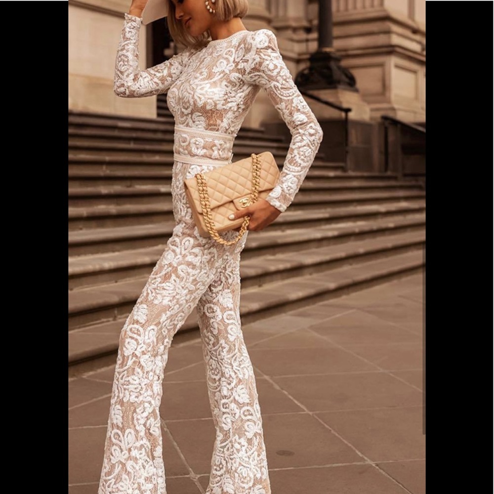 Bella Erá White Ecru Jumpsuit In Embroidered Lace - Picture 4 of 12